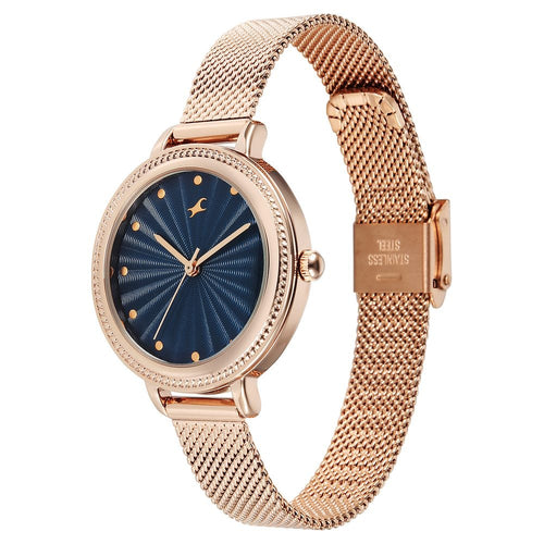 Fastrack Stunners Quartz Analog Blue Dial Rose Gold Stainless Steel Strap Watch For Girls 68048WM03