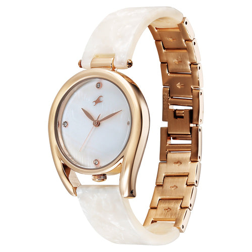 Fastrack Younique Quartz Analog Mother of Pearl Dial Two Toned Acetate & Metal Strap Watch For Girls 68052KD01