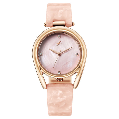 Fastrack Younique Quartz Analog Pink Mother Of Pearl Dial Two Toned Acetate & Metal Strap Watch For Girls 68052KD02