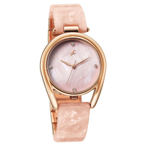 Fastrack Younique Quartz Analog Pink Mother Of Pearl Dial Two Toned Acetate & Metal Strap Watch For Girls 68052KD02
