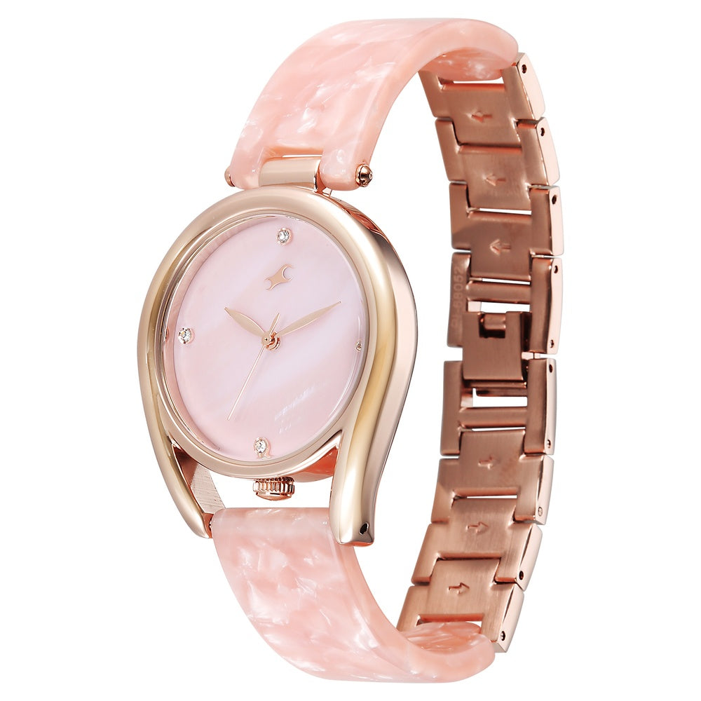 Fastrack Younique Quartz Analog Pink Mother Of Pearl Dial Two Toned Acetate & Metal Strap Watch For Girls 68052KD02
