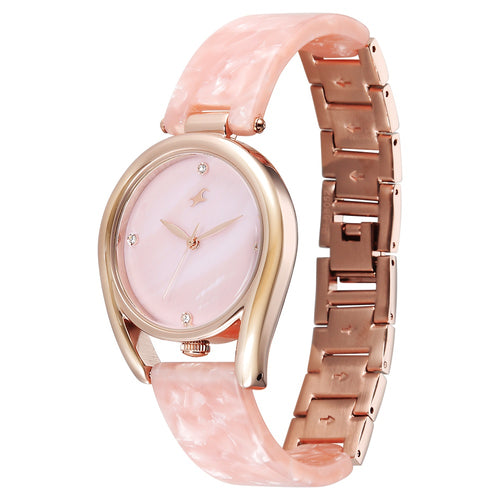 Fastrack Younique Quartz Analog Pink Mother Of Pearl Dial Two Toned Acetate & Metal Strap Watch For Girls 68052KD02