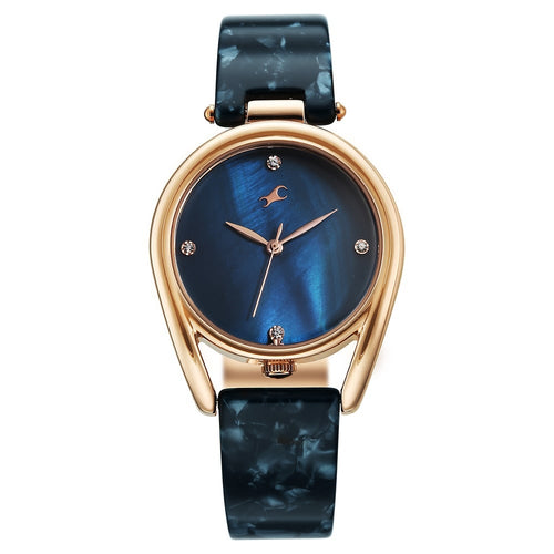 Fastrack Younique Quartz Analog Blue Mother Of Pearl Dial Two Toned Acetate & Metal Strap Watch For Girls 68052KD03