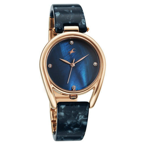 Fastrack Younique Quartz Analog Blue Mother Of Pearl Dial Two Toned Acetate & Metal Strap Watch For Girls 68052KD03