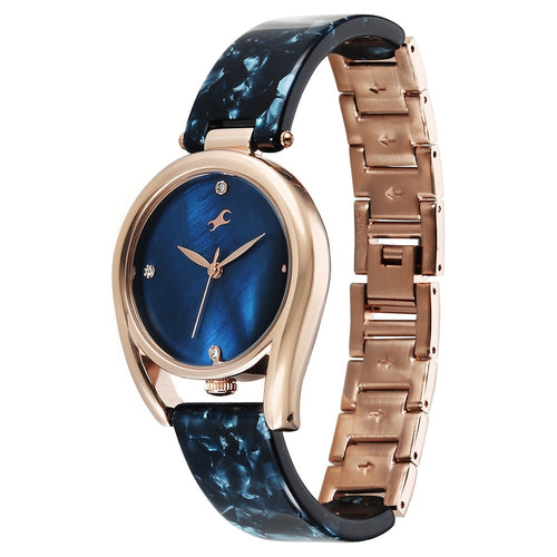 Fastrack Younique Quartz Analog Blue Mother Of Pearl Dial Two Toned Acetate & Metal Strap Watch For Girls 68052KD03