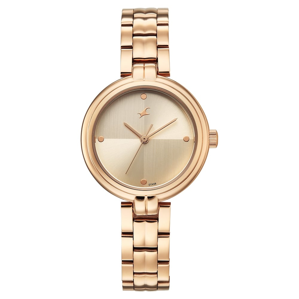 Fastrack Stunners Quartz Analog Beige Dial Rose Gold Stainless Steel Strap Watch For Girls 68063WM01