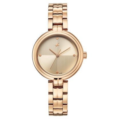 Fastrack Stunners Quartz Analog Beige Dial Rose Gold Stainless Steel Strap Watch For Girls 68063WM01