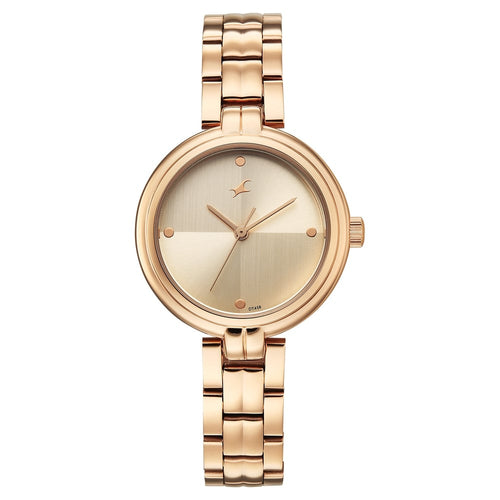 Fastrack Stunners Quartz Analog Beige Dial Rose Gold Stainless Steel Strap Watch For Girls 68063WM01