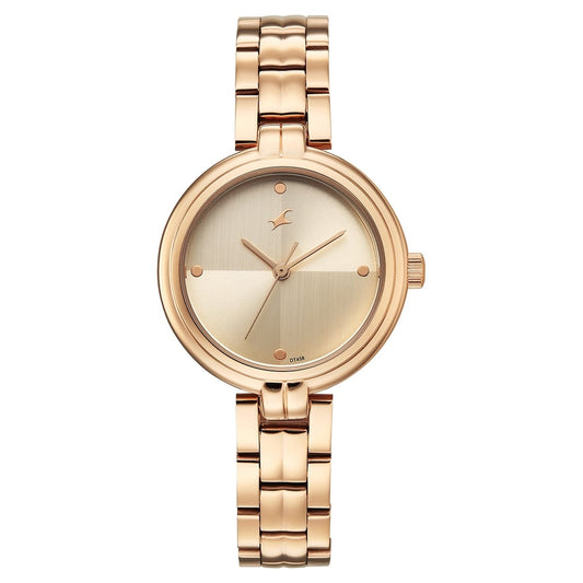 Fastrack Stunners Quartz Analog Beige Dial Rose Gold Stainless Steel Strap Watch For Girls 68063WM01