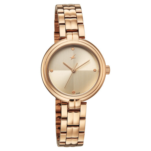 Fastrack Stunners Quartz Analog Beige Dial Rose Gold Stainless Steel Strap Watch For Girls 68063WM01