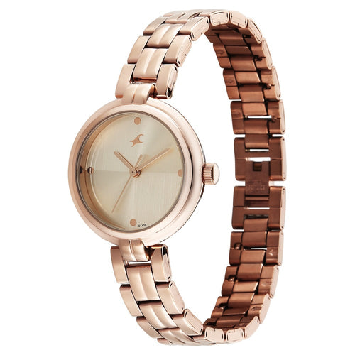 Fastrack Stunners Quartz Analog Beige Dial Rose Gold Stainless Steel Strap Watch For Girls 68063WM01