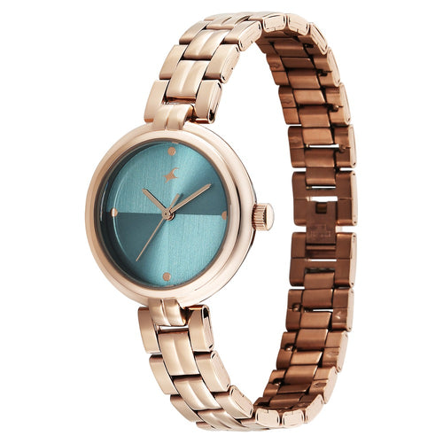 Fastrack Stunners Quartz Analog Teal Dial Rose Gold Stainless Steel Strap Watch For Girls 68063WM02