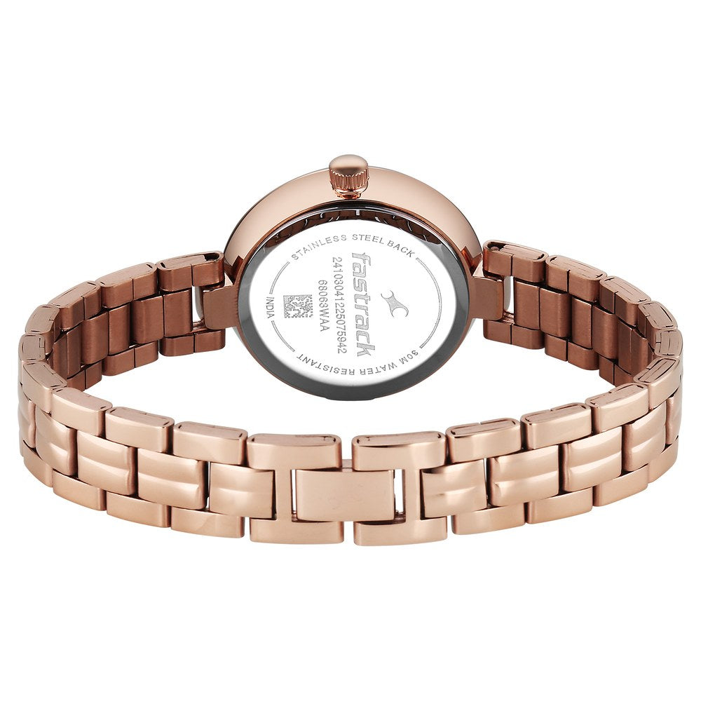 Fastrack Stunners Quartz Analog Pink Dial Rose Gold Stainless Steel Strap Watch For Girls 68063WM03