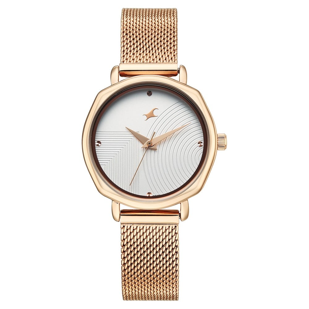 Fastrack Stunners Quartz Analog Silver Dial Rose Gold Stainless Steel Strap Watch For Girls 68064WM01