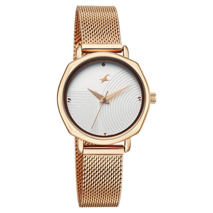 Fastrack Stunners Quartz Analog Silver Dial Rose Gold Stainless Steel Strap Watch For Girls 68064WM01