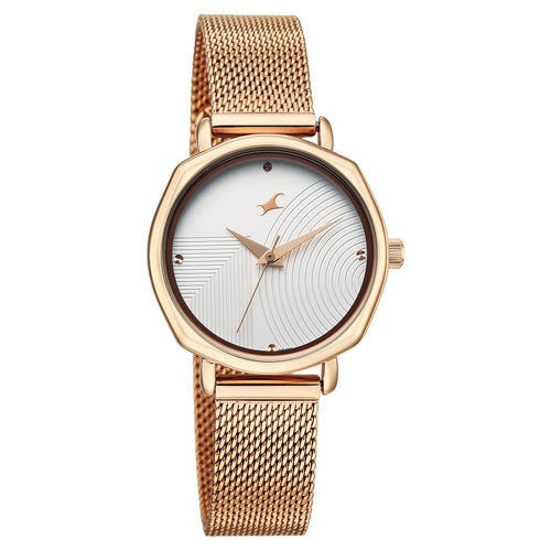 Fastrack Stunners Quartz Analog Silver Dial Rose Gold Stainless Steel Strap Watch For Girls 68064WM01