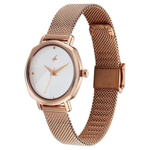 Fastrack Stunners Quartz Analog Silver Dial Rose Gold Stainless Steel Strap Watch For Girls 68064WM01