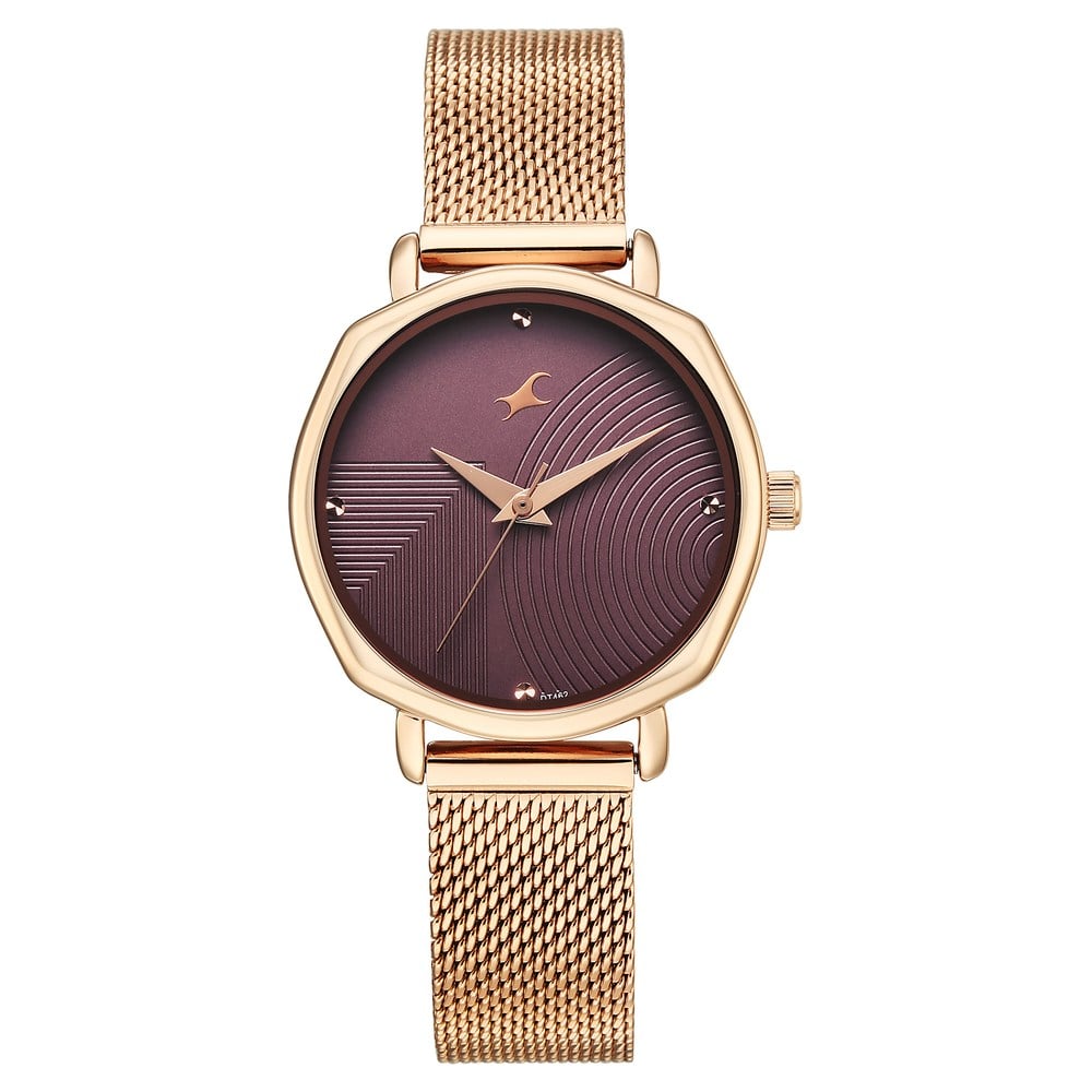 Fastrack Stunners Quartz Analog Purple Dial Rose Gold Stainless Steel Strap Watch For Girls 68064WM02