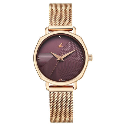 Fastrack Stunners Quartz Analog Purple Dial Rose Gold Stainless Steel Strap Watch For Girls 68064WM02