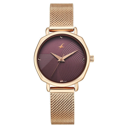 Fastrack Stunners Quartz Analog Purple Dial Rose Gold Stainless Steel Strap Watch For Girls 68064WM02