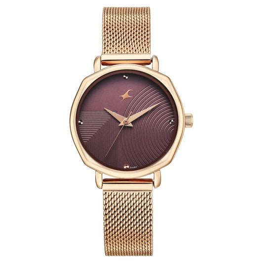 Fastrack Stunners Quartz Analog Purple Dial Rose Gold Stainless Steel Strap Watch For Girls 68064WM02