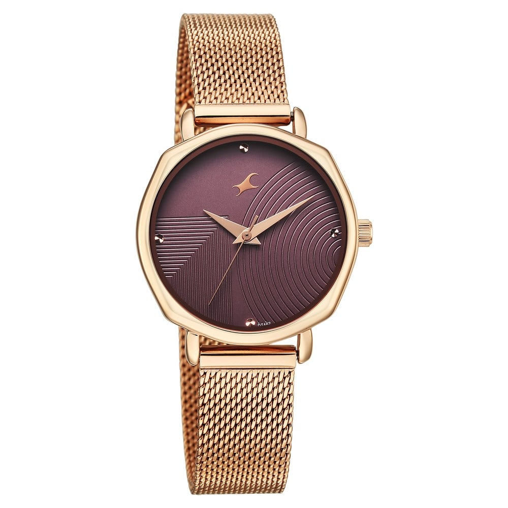 Fastrack Stunners Quartz Analog Purple Dial Rose Gold Stainless Steel Strap Watch For Girls 68064WM02