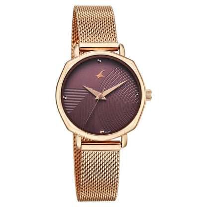 Fastrack Stunners Quartz Analog Purple Dial Rose Gold Stainless Steel Strap Watch For Girls 68064WM02