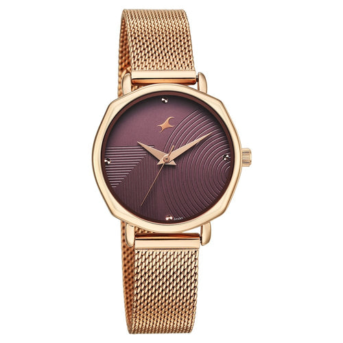 Fastrack Stunners Quartz Analog Purple Dial Rose Gold Stainless Steel Strap Watch For Girls 68064WM02
