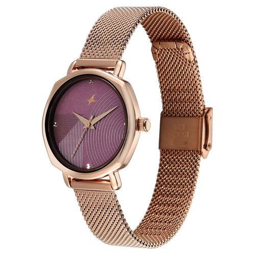 Fastrack Stunners Quartz Analog Purple Dial Rose Gold Stainless Steel Strap Watch For Girls 68064WM02
