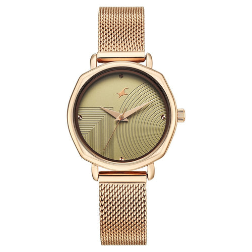 Fastrack Stunners Quartz Analog Green Dial Rose Gold Stainless Steel Strap Watch For Girls 68064WM03