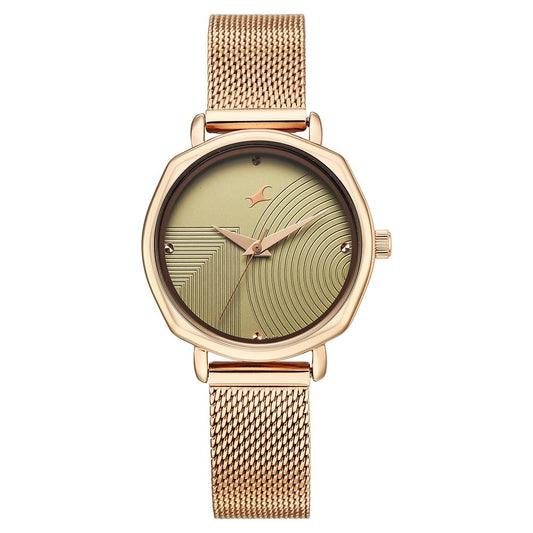 Fastrack Stunners Quartz Analog Green Dial Rose Gold Stainless Steel Strap Watch For Girls 68064WM03