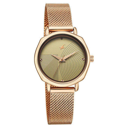 Fastrack Stunners Quartz Analog Green Dial Rose Gold Stainless Steel Strap Watch For Girls 68064WM03