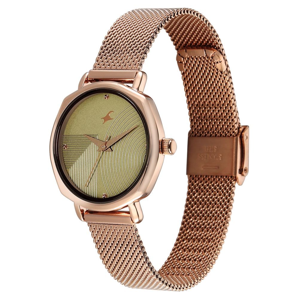 Fastrack Stunners Quartz Analog Green Dial Rose Gold Stainless Steel Strap Watch For Girls 68064WM03