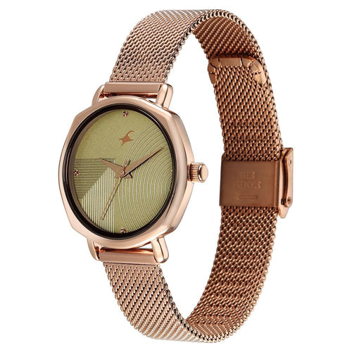Fastrack Stunners Quartz Analog Green Dial Rose Gold Stainless Steel Strap Watch For Girls 68064WM03
