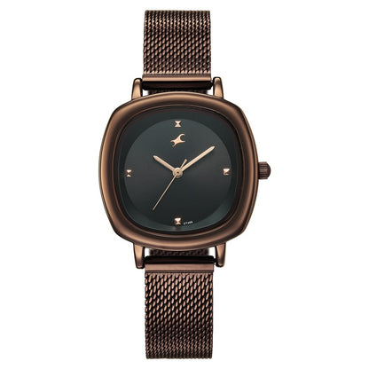 Fastrack Stunners Quartz Analog Black Dial Brown Stainless Steel Strap Watch For Girls 68065QM02