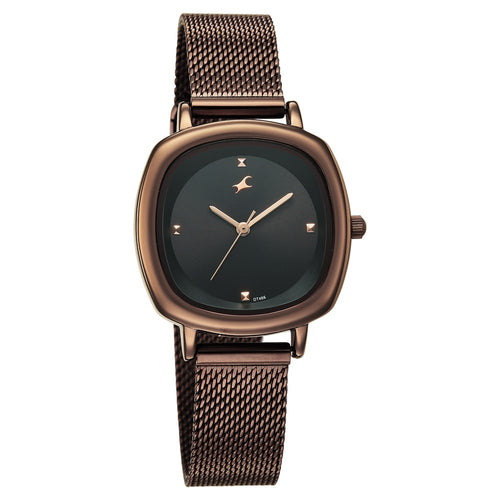 Fastrack Stunners Quartz Analog Black Dial Brown Stainless Steel Strap Watch For Girls 68065QM02