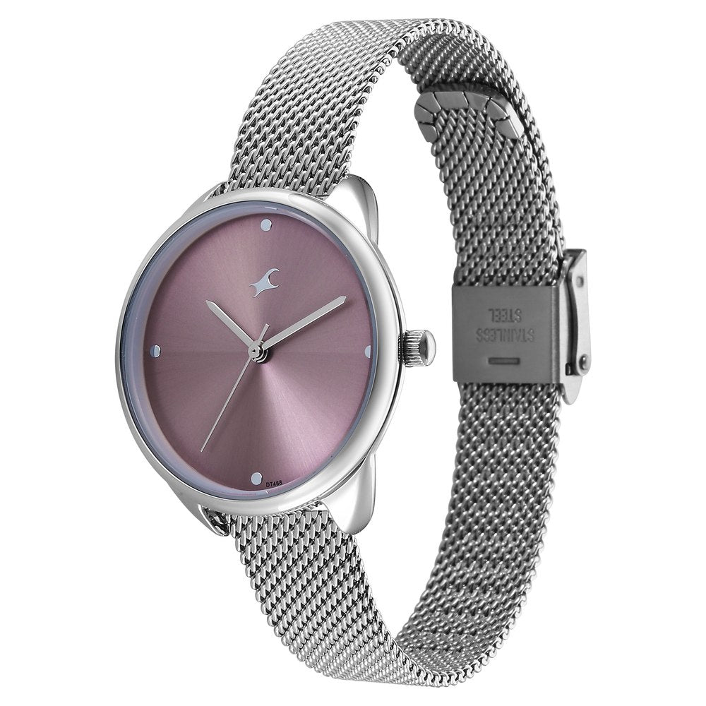 Fastrack Stunners Quartz Analog Purple Dial Silver Stainless Steel Strap Watch For Girls 68066SM02