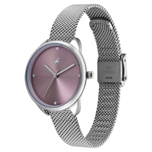 Fastrack Stunners Quartz Analog Purple Dial Silver Stainless Steel Strap Watch For Girls 68066SM02