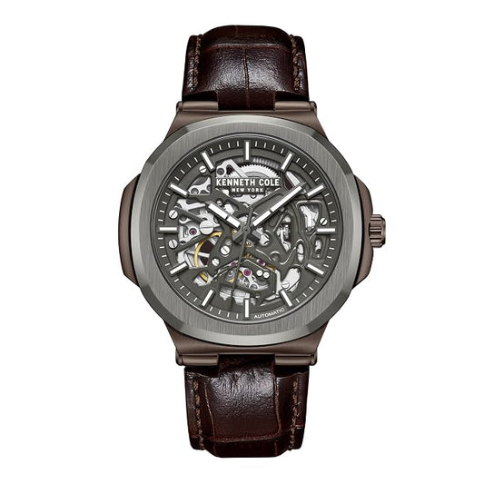 Kenneth Cole Automatic Grey dial Brown Leather Strap Watch for Men NTKCWGX0080503MNW