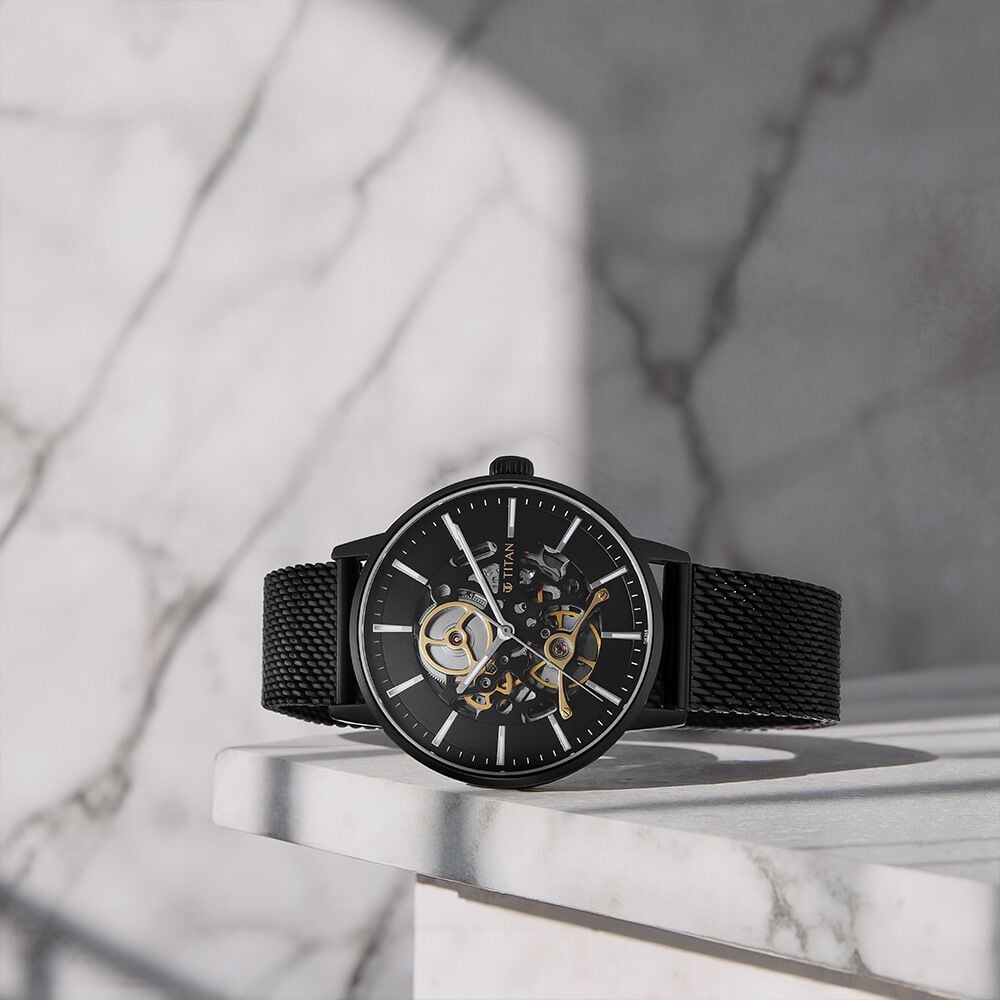 Titan Mechanical Slimline Black Dial Black Mesh Strap Watch for Men - NT90159NM01