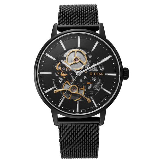 Titan Mechanical Slimline Black Dial Black Mesh Strap Watch for Men - NT90159NM01
