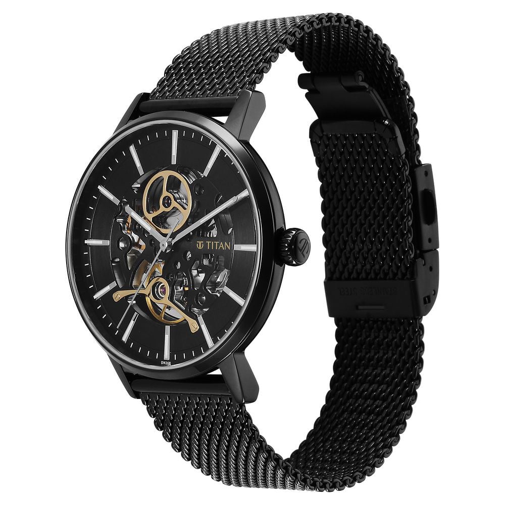 Titan Mechanical Slimline Black Dial Black Mesh Strap Watch for Men - NT90159NM01