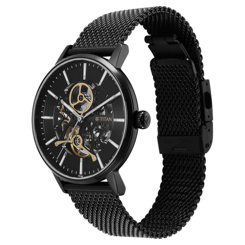 Titan Mechanical Slimline Black Dial Black Mesh Strap Watch for Men - NT90159NM01