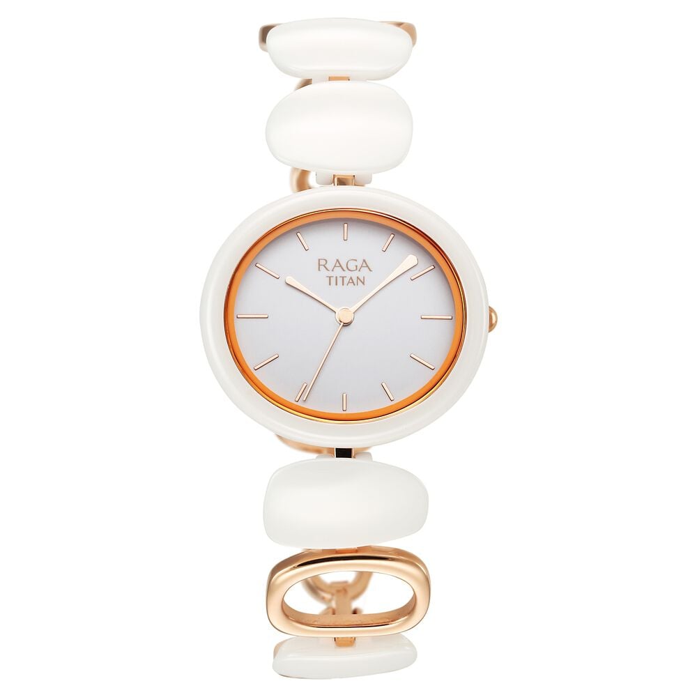 Titan Raga Ceramics Quartz Analog White Dial Metal & Ceramic Strap Watch For Women - NU95146KD05