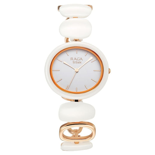 Titan Raga Ceramics Quartz Analog White Dial Metal & Ceramic Strap Watch For Women - NU95146KD05