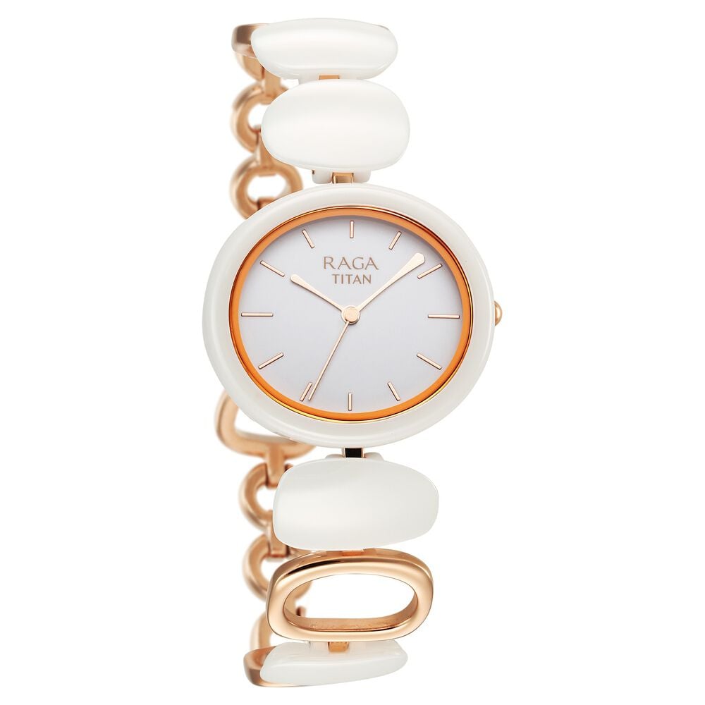 Titan Raga Ceramics Quartz Analog White Dial Metal & Ceramic Strap Watch For Women - NU95146KD05