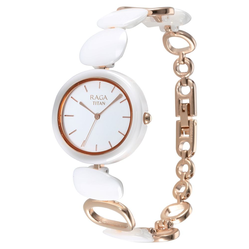 Titan Raga Ceramics Quartz Analog White Dial Metal & Ceramic Strap Watch For Women - NU95146KD05
