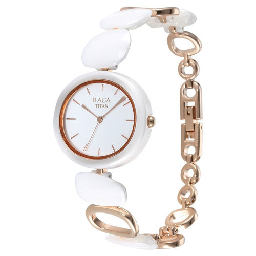 Titan Raga Ceramics Quartz Analog White Dial Metal & Ceramic Strap Watch For Women - NU95146KD05