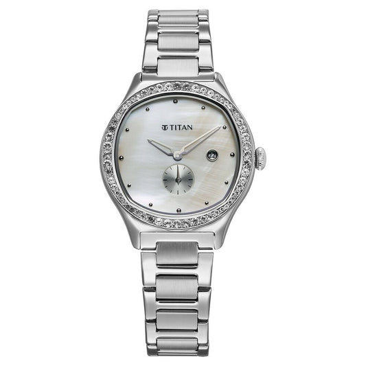 Titan Glamour Quartz Analog with Date Mother Of Pearl Dial Stainless Steel Strap Watch For Women - 95289SM01