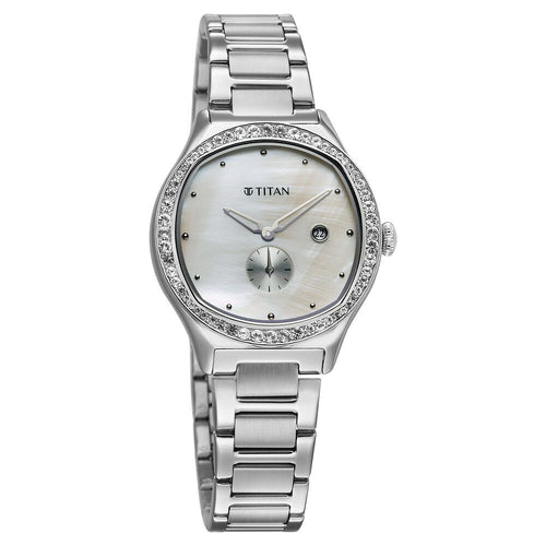 Titan Glamour Quartz Analog with Date Mother Of Pearl Dial Stainless Steel Strap Watch For Women - 95289SM01